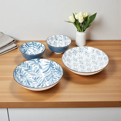 Gambar Appetite Hitomi Piring Sup & Mangkuk Saji Porcelain Set 4 pcs - Putih/Biru