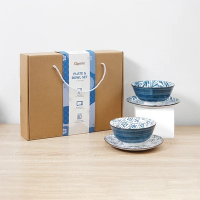 Gambar Appetite Hitomi Piring Salad & Mangkuk Saji Porcelain Set 4 pcs - Putih/Biru