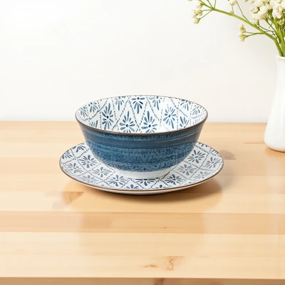 Gambar Appetite Hitomi Piring Salad & Mangkuk Saji Porcelain Set 4 pcs - Putih/Biru