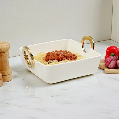 Gambar Appetite Lennox Mangkuk Saji Porcelain Square 29 cm - Putih/Gold