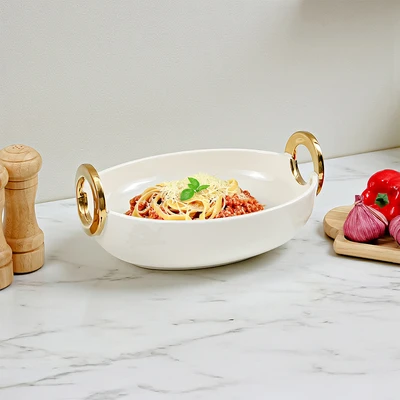 Gambar Appetite Lennox Mangkuk Saji Porcelain Oval 32 cm - Putih/Gold