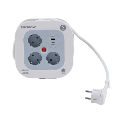 Gambar Krisbow Kabel Roll Mini 3 Soket Dengan 1 USB-A & 1 USB-C 5 Meter - Putih