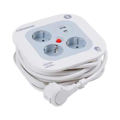 Gambar Krisbow Kabel Roll Mini 3 Soket Dengan 1 USB-A & 1 USB-C 5 Meter - Putih