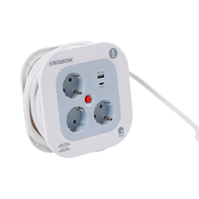 Gambar Krisbow Kabel Roll Mini 3 Soket Dengan 1 USB-A & 1 USB-C 5 Meter - Putih