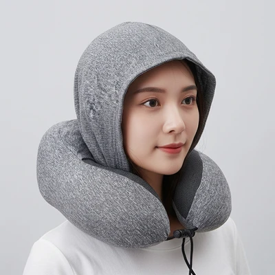 Gambar Passport Bantal Leher Memory Foam Dengan Hoodie - Abu-Abu
