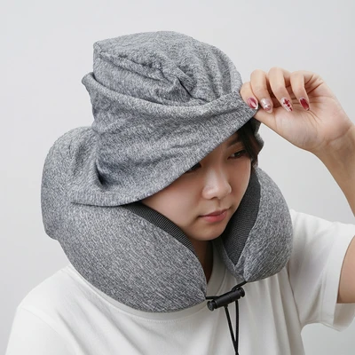 Gambar Passport Bantal Leher Memory Foam Dengan Hoodie - Abu-Abu