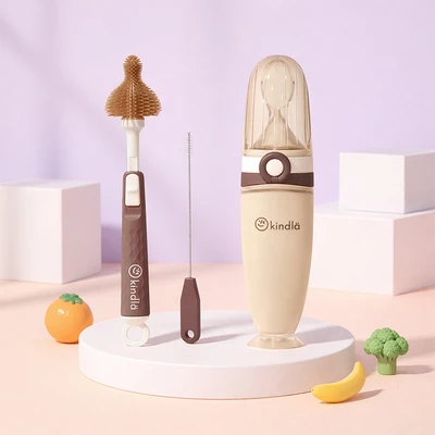 Gambar Kindla Set Botol Sendok Makan Bayi Squeeze Dengan Sikat Pembersih 120 ml - Cokelat