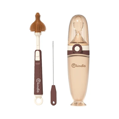 Gambar Kindla Set Botol Sendok Makan Bayi Squeeze Dengan Sikat Pembersih 120 ml - Cokelat