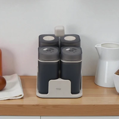 Gambar Culinart Wadah Bumbu & Botol Minyak Dengan Rak Rotating Set 4 pcs - Abu-abu