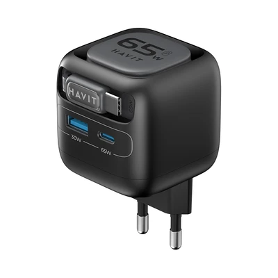 Gambar Havit Kepala Charger GaN Retractable 65 Watt UC253 - Hitam