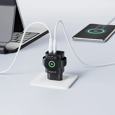 Gambar Havit Kepala Charger 1 USB-A & 1 USB-C Dengan Wireless Watch 20 Watt UC132 - Hitam
