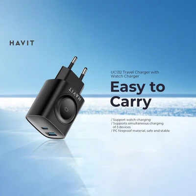 Gambar Havit Kepala Charger 1 USB-A & 1 USB-C Dengan Wireless Watch 20 Watt UC132 - Hitam