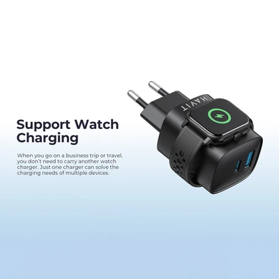 Gambar Havit Kepala Charger 1 USB-A & 1 USB-C Dengan Wireless Watch 20 Watt UC132 - Hitam
