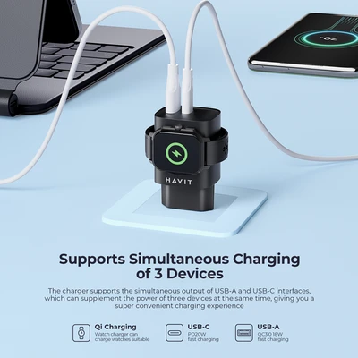 Gambar Havit Kepala Charger 1 USB-A & 1 USB-C Dengan Wireless Watch 20 Watt UC132 - Hitam