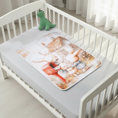 Gambar Kindla 50x70 cm Alas Kasur Bayi Waterproof Bunny Hug - Putih/Cokelat