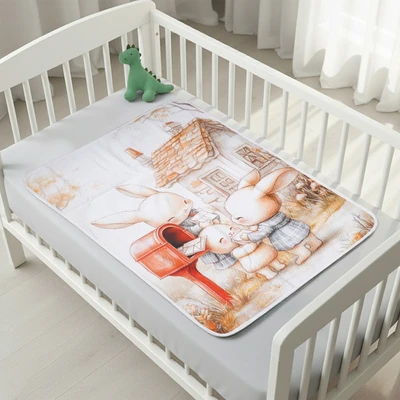 Gambar Kindla 80x100 cm Alas Kasur Bayi Waterproof Bunny Hug - Putih/Cokelat