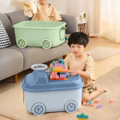 Gambar Stora Kotak Penyimpanan Anak Dengan Roda Car Vroom 49x32x36 cm - Biru
