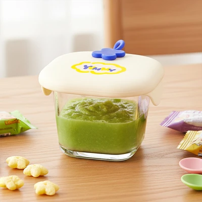 Gambar Kindla Wadah Makanan Bayi Kaca Square 230 ml - Krem