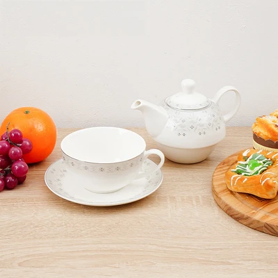 Gambar Delicia Amaris Teko & Cangkir Teh Keramik Bone China Stackable Set 3 Pcs - Putih