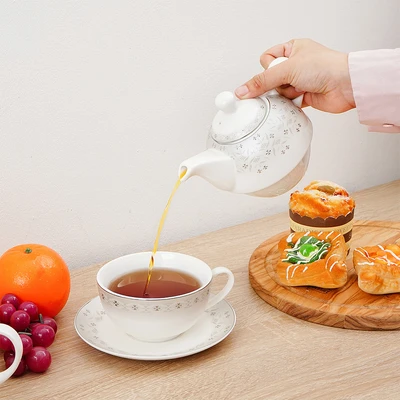 Gambar Delicia Amaris Teko & Cangkir Teh Keramik Bone China Stackable Set 3 Pcs - Putih