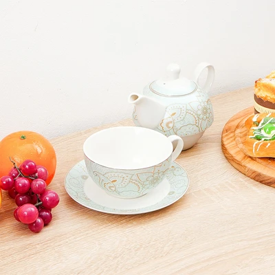 Gambar Delicia Alica Teko & Cangkir Teh Keramik Bone China Stackable Set 3 Pcs - Putih