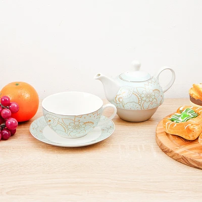 Gambar Delicia Alica Teko & Cangkir Teh Keramik Bone China Stackable Set 3 Pcs - Putih