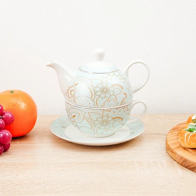 Gambar Delicia Alica Teko & Cangkir Teh Keramik Bone China Stackable Set 3 Pcs - Putih
