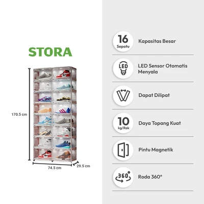 Gambar Stora Lemari Sepatu Lipat 16 Pintu Dengan Lampu LED & Roda Transparan
