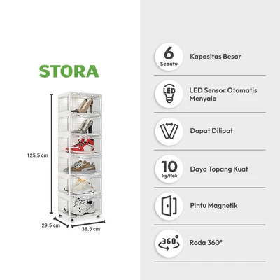 Gambar Stora Lemari Sepatu Lipat 6 Pintu Dengan Lampu LED & Roda Transparan