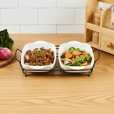 Gambar Appetite Hona Twin Wadah Saji Casserole Rectangle Dengan Rak 23 cm Set 2 pcs - Putih