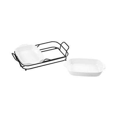 Gambar Appetite Hona Twin Wadah Saji Casserole Rectangle Dengan Rak 23 cm Set 2 pcs - Putih