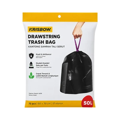 Gambar Krisbow Kantong Sampah Dengan Tali Serut 50 Liter Set 72 Pcs - Hitam