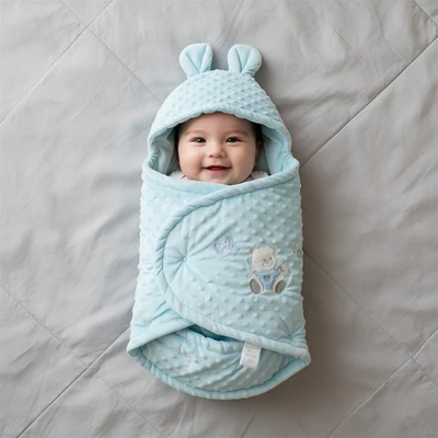 Gambar Kindla Selimut Bedong Bayi Hoodie Velvet Bunny - Biru