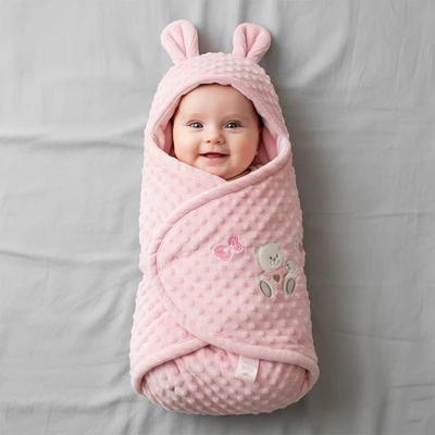 Gambar Kindla Selimut Bedong Bayi Hoodie Velvet Bunny - Pink