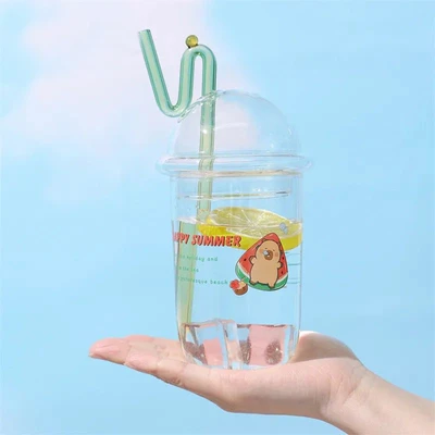 Gambar Tuntunzai Gelas Kaca Dengan Tutup & Sedotan Summer Boba Transparan