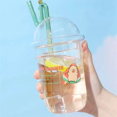 Gambar Tuntunzai Gelas Kaca Dengan Tutup & Sedotan Summer Boba Transparan