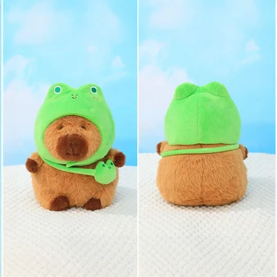 Gambar Tuntunzai Boneka Plush Capybara Frog Hat Backpack Style - Cokelat/Hijau