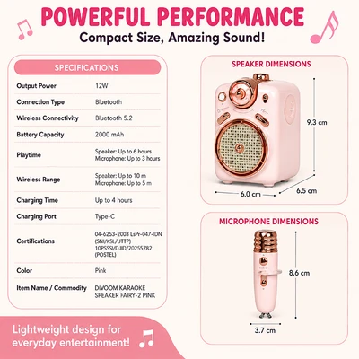 Gambar Divoom Fairy-2 Speaker Karaoke Bluetooth Dengan Microphone - Pink