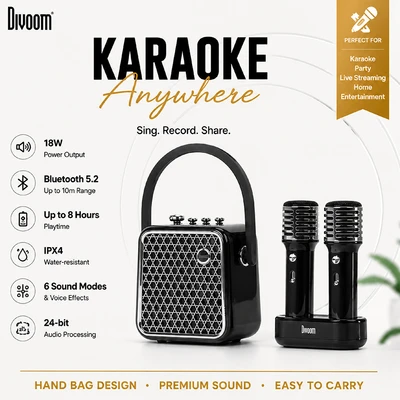 Gambar Divoom Songbird-SE Speaker Karaoke Bluetooth Dengan 2 Microphone - Hitam