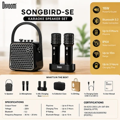 Gambar Divoom Songbird-SE Speaker Karaoke Bluetooth Dengan 2 Microphone - Hitam