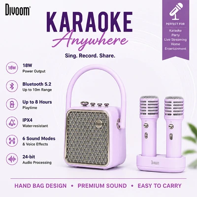 Gambar Divoom Songbird-SE Speaker Karaoke Bluetooth Dengan 2 Microphone - Ungu
