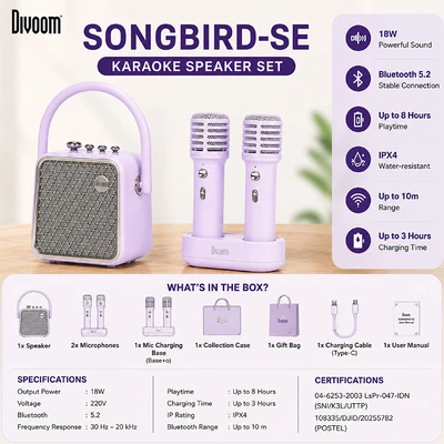 Gambar Divoom Songbird-SE Speaker Karaoke Bluetooth Dengan 2 Microphone - Ungu