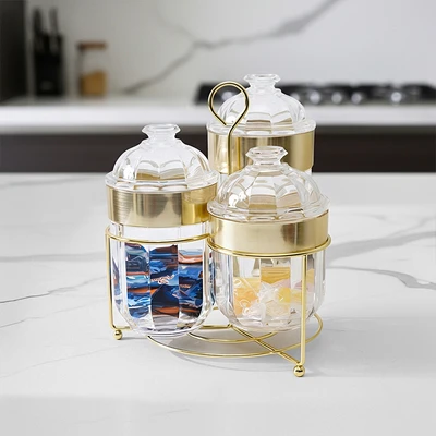 Gambar Culinart Pearl Stoples Akrilik Dengan Rak Set 3 pcs Transparan - Gold