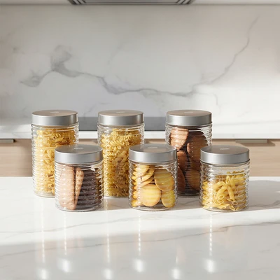 Gambar Culinart Stoples Kaca Dengan Tutup Putar Set 6 Pcs Transparan - Silver