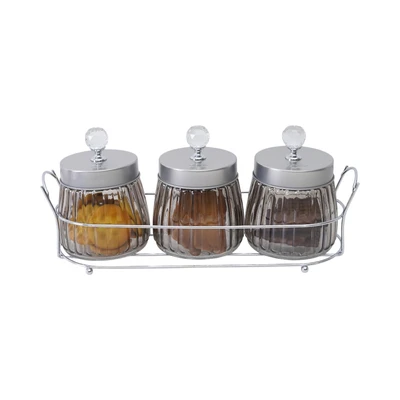 Gambar Culinart Stoples Kaca Dengan Tutup Crystal & Rak 480 ml Set 3 pcs Transparan - Silver