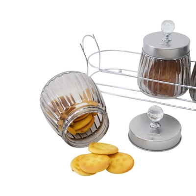 Gambar Culinart Stoples Kaca Dengan Tutup Crystal & Rak 480 ml Set 3 pcs Transparan - Silver