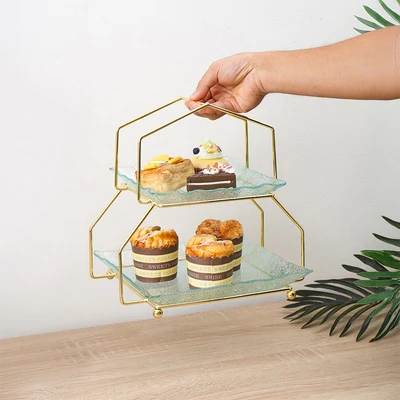 Gambar Appetite Zena Wadah Saji Kaca Dengan Rak 2 Tingkat  28x25x28 cm Transparan - Gold