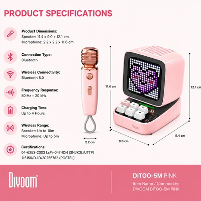 Gambar Divoom Ditoo-5M Speaker Bluetooth Portable Dengan Microphone - Pink