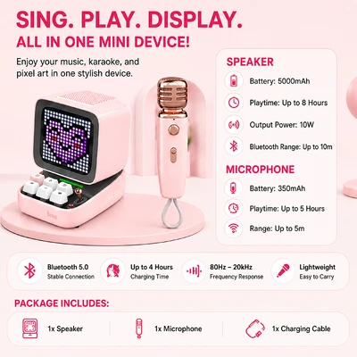 Gambar Divoom Ditoo-5M Speaker Bluetooth Portable Dengan Microphone - Pink
