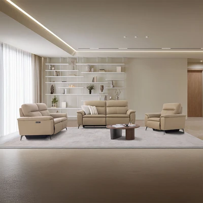 Gambar Ferrara Basel Set Sofa Recliner Kulit - Krem Nude